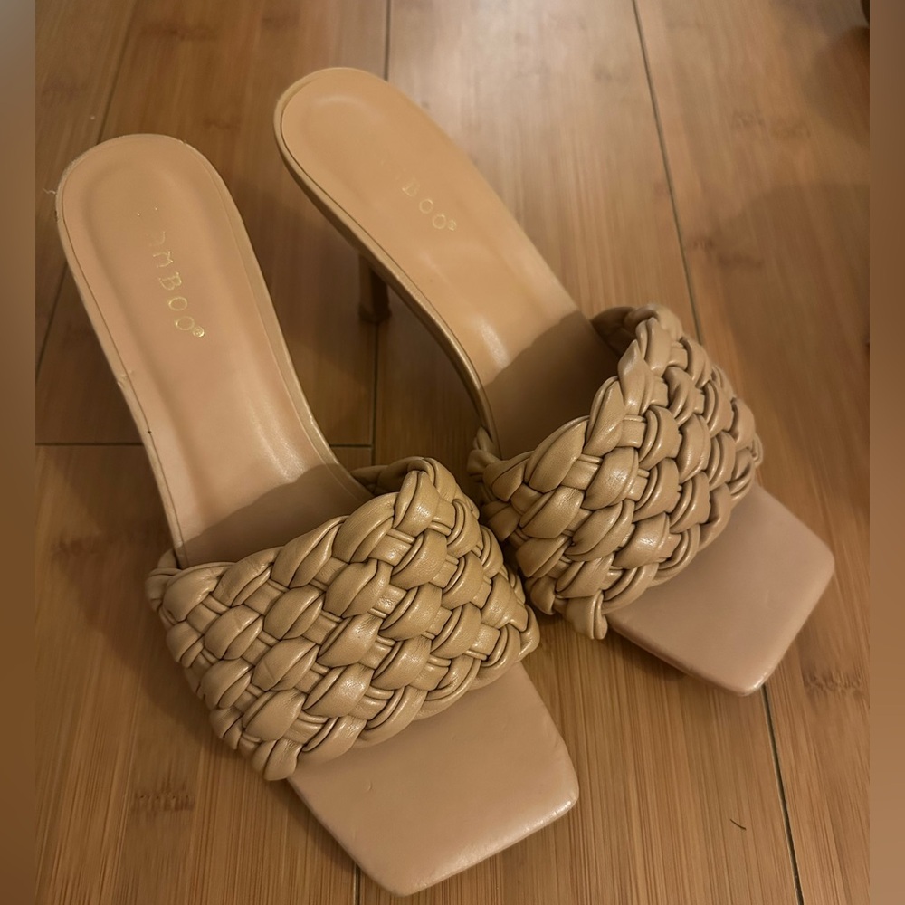 BAMBOO Tan Woven Strap Square Toe Heeled Mules